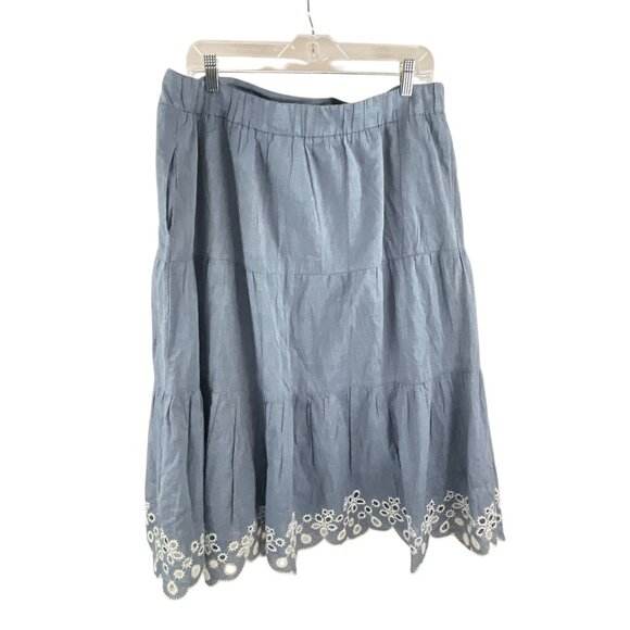Isaac Mizrahi Live! Tiered Skirt LP Blue Embroidered Hem Cotton Blend Boho - Picture 3 of 6
